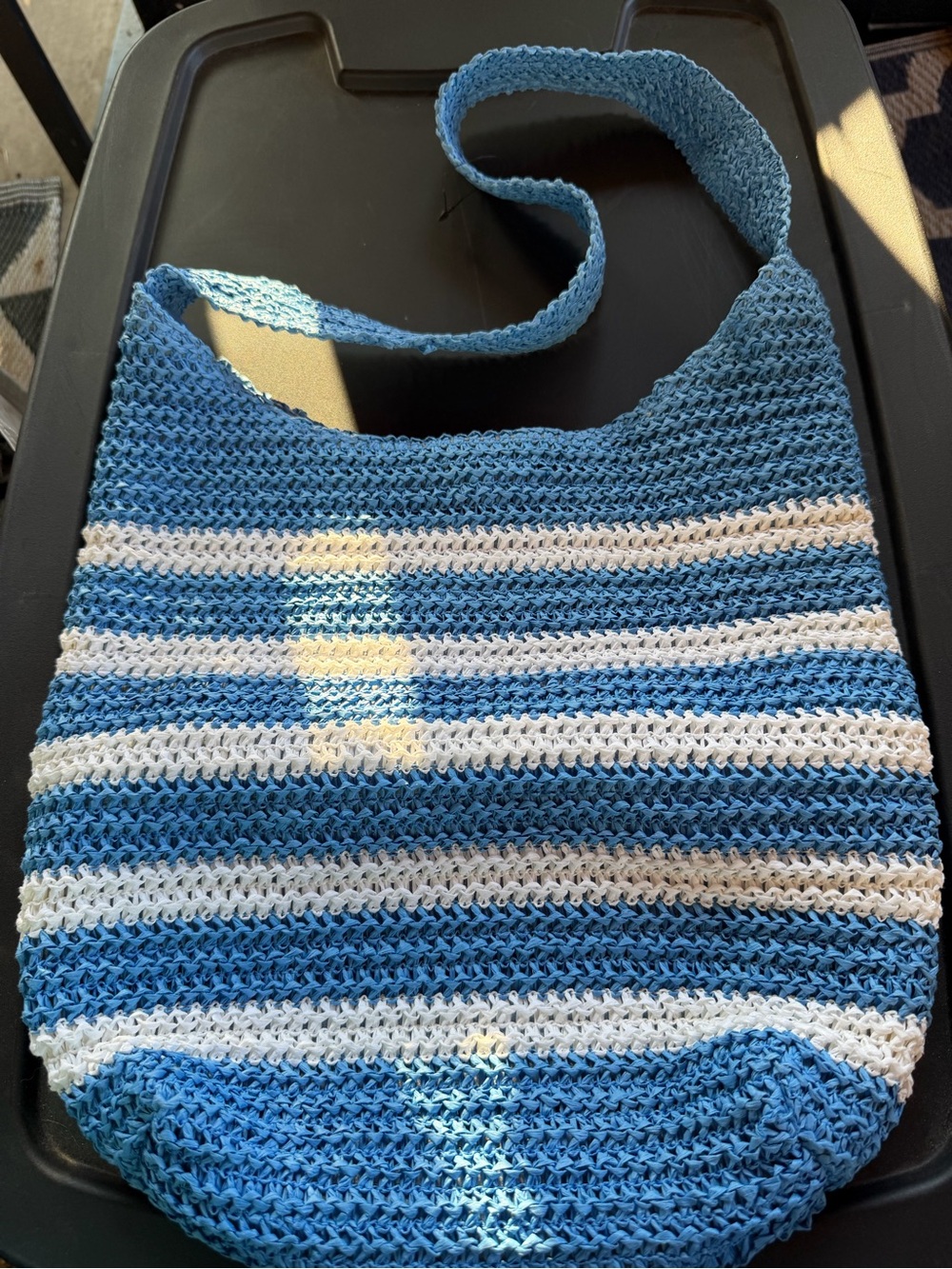 New by art class Blue and White Striped Crochet Shoulder Bag